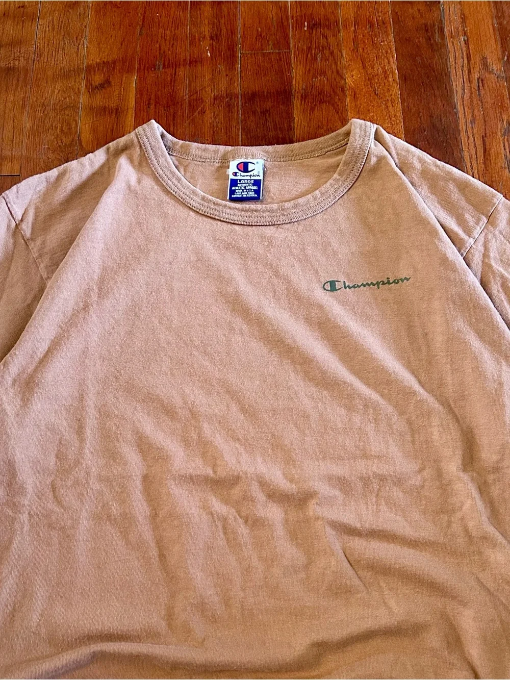 Vintage ‘90s Champion USA Essential Spellout Brown Tan Cotton Crewneck T-shirt L - Picture 3 of 7